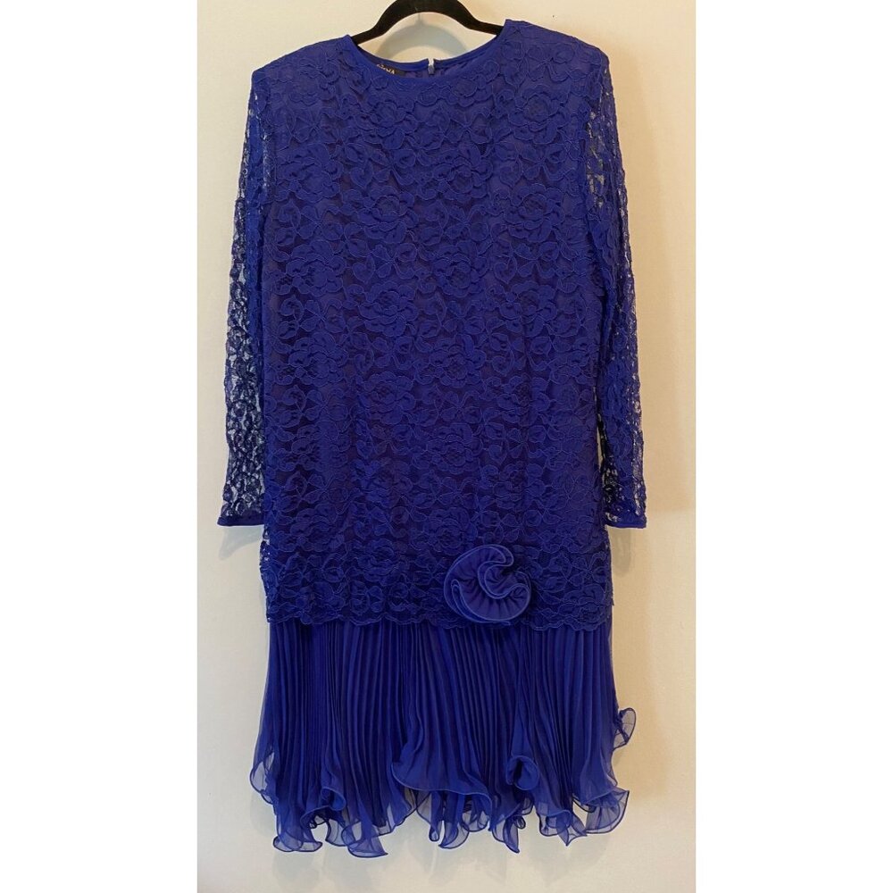Gina Bacconi Dress Royal Blue Lace & Chiffon Rosette Detail Size 12